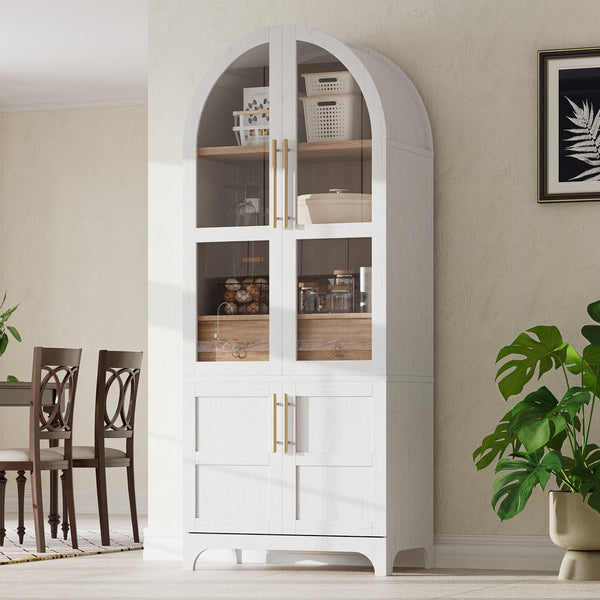 English Elm K&k Arched Farmhouse Pantry Cabinet Glass Doors Hidden Drawer Two Tone Kitchen Storage White N707S288969W