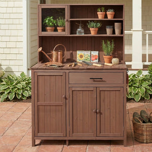 English Elm (with Hutch) Topamx Solid Fir Potting Bench Patio Workstation Spice Rack Drawer Brown N717P404330D