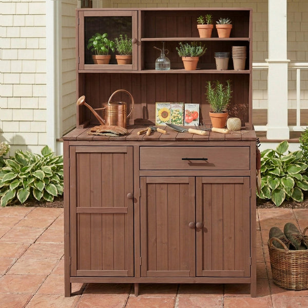 English Elm (with Hutch) Topamx Solid Fir Potting Bench Patio Workstation Spice Rack Drawer Brown N717P404330D