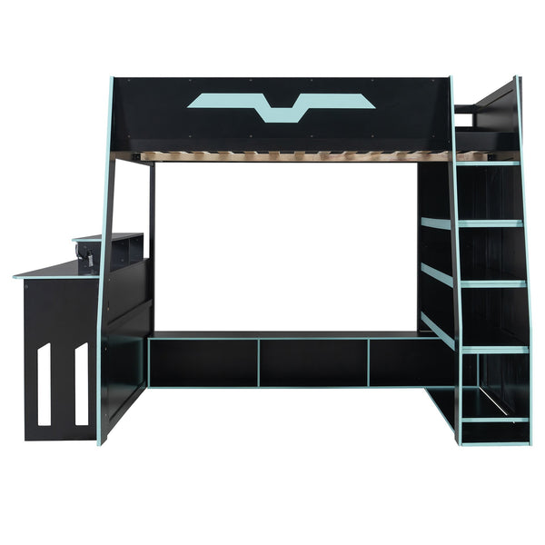 English Elm Full Size Wood Loft Bed with Rgb Lighting Desk and Multi-tier Shelves for Gaming Blue LT000374AAC