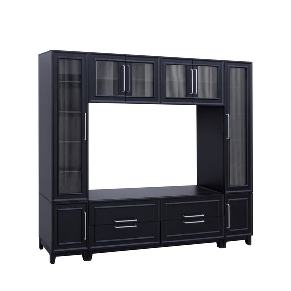 English Elm Vibe Haus Fluted Glass Wall Unit Tall Mdf Entertainment Console for Living Room N893S000011B