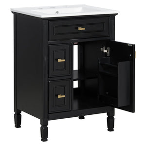 English Elm 24-Inch Bathroom Vanity with Sink, Solid Wood & MDF, Ceramic Top, Gold Handles, Flip Drawer Design Black N725P350824B