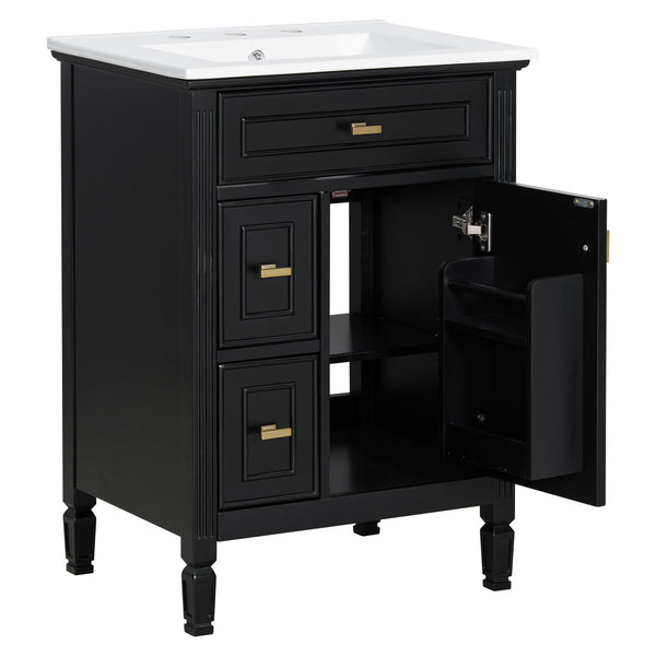 English Elm 24-Inch Bathroom Vanity with Sink, Solid Wood & MDF, Ceramic Top, Gold Handles, Flip Drawer Design Black N725P350824B