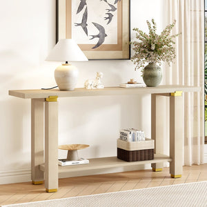 English Elm U_Style 62.9" Modern Minimalist Console Table - Solid Wood With Metal Accents & Open Shelf Storage N711P289140O-GIGA