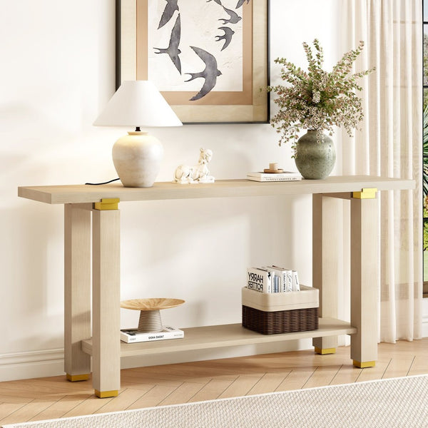 English Elm U_Style 62.9" Modern Minimalist Console Table - Solid Wood With Metal Accents & Open Shelf Storage N711P289140O-GIGA