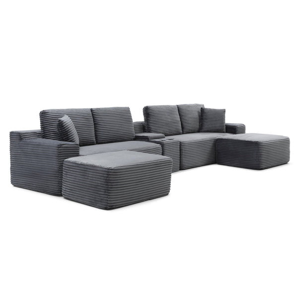 English Elm 150'' Modular Cloud Sectional Corduroy Sofa with Storage Cup Holders and Usb Charging Grey W1117S00425