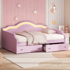 English Elm Full Size Upholstered Daybed With Led Lighting & 2 Storage Drawers, Stylish Pink Velvet Design N7500001852H