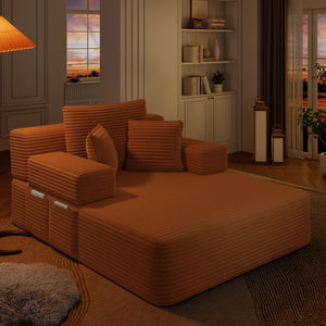 English Elm Luxurious Corduroy Convertible Chaise Lounge Sofa Bed with Storage and Coil Spring Foam Orange W3219P483088