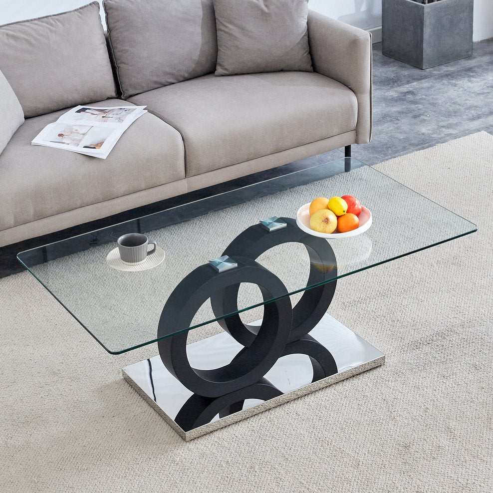 English Elm Modern Glass Top Coffee Table with Sculptural Mdf Base for Contemporary Living Rooms W3875P404317