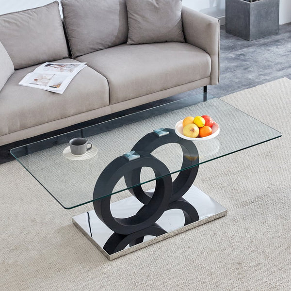 English Elm Modern Glass Top Coffee Table with Sculptural Mdf Base for Contemporary Living Rooms W3875P404317