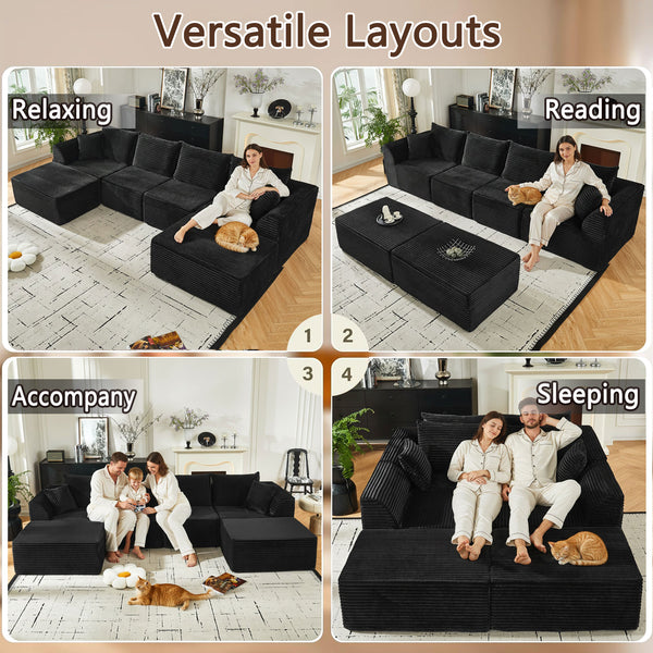English Elm Modular U-shaped Sectional with Memory Foam Chenille Deep Seat Cloud Lounge Sofa Black W5638S00001