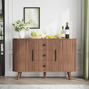 English Elm Sideboard Fluted Credenza with Three Drawers Two Doors Matte Black Modern Storage Walnut T3773P417317