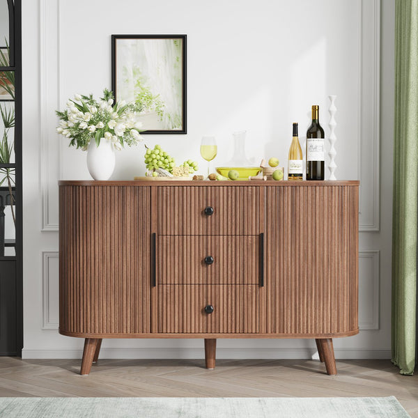 English Elm Sideboard Fluted Credenza with Three Drawers Two Doors Matte Black Modern Storage Walnut T3773P417317