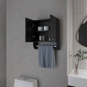 English Elm Goodyear Melamine Medicine Cabinet with Towel Bar, Black — 2 Doors, 2 Shelves, Moisture-Resistant Organizer B128P237153