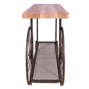 English Elm Oak Industrial Sofa Table with Antique Gray Shelf, Wood Top, Metal Frame & Wheels for Stylish Storage B062P189205