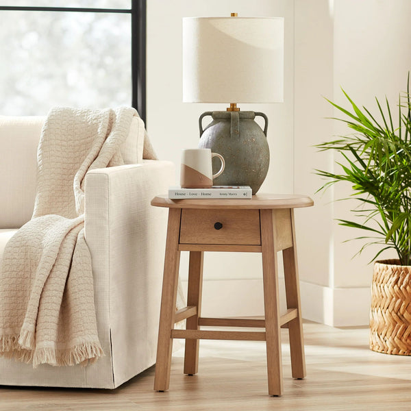English Elm Parkridge Natural Side Table with Woven Doors, Fluted Fronts & Brass Handles — Mid-Century Storage (95) W914P292869