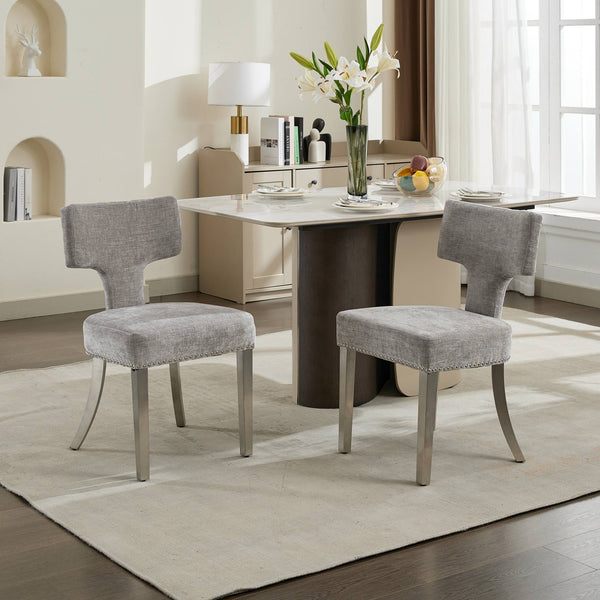 English Elm Mid Century Modern Dining Chairs with Copper Nail Trim, Plush High-Density Foam Seats, Brushed Steel Legs Gray W1143P314900