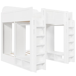 English Elm Triple Bunk Bed Wood Frame with Built in Shelves Hooks for Shared Kids Rooms White N7090004027K