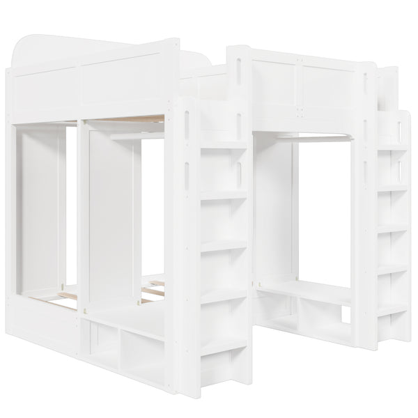 English Elm Triple Bunk Bed Wood Frame with Built in Shelves Hooks for Shared Kids Rooms White N7090004027K