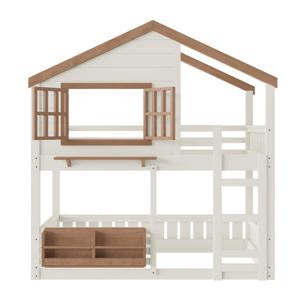 English Elm Full Bunk Bed with Trundle Bookshelf Storage Pine Frame Car Design for Kids W1580S00324