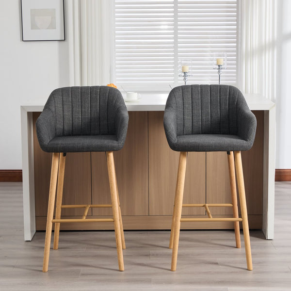 English Elm Modern Linen Upholstered Barstools with Oak Legs Armrests and Footrest for Kitchen Islands Black W395P396317