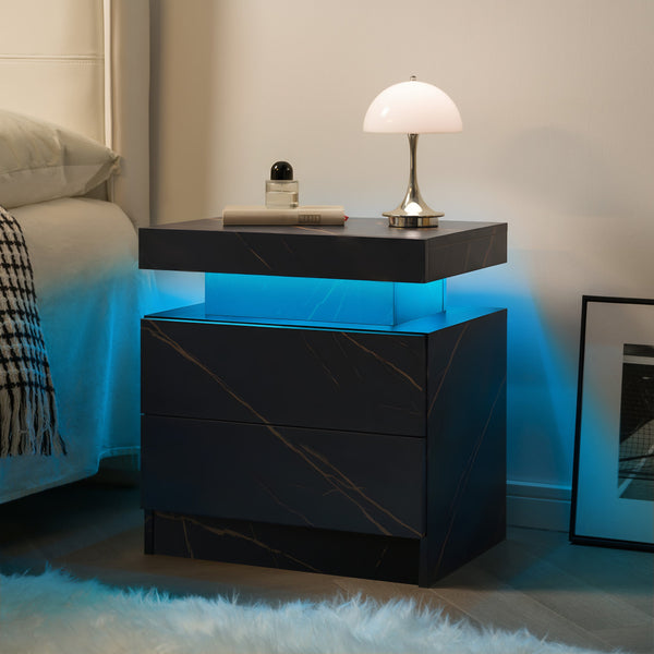 English Elm Nightstand LED Bedside Table with Adjustable Multi-Color Lights, Sleek Modern End Table for Bedroom Black+Gold 22.83 L x 16.93 W x 7.68 H W2178138741