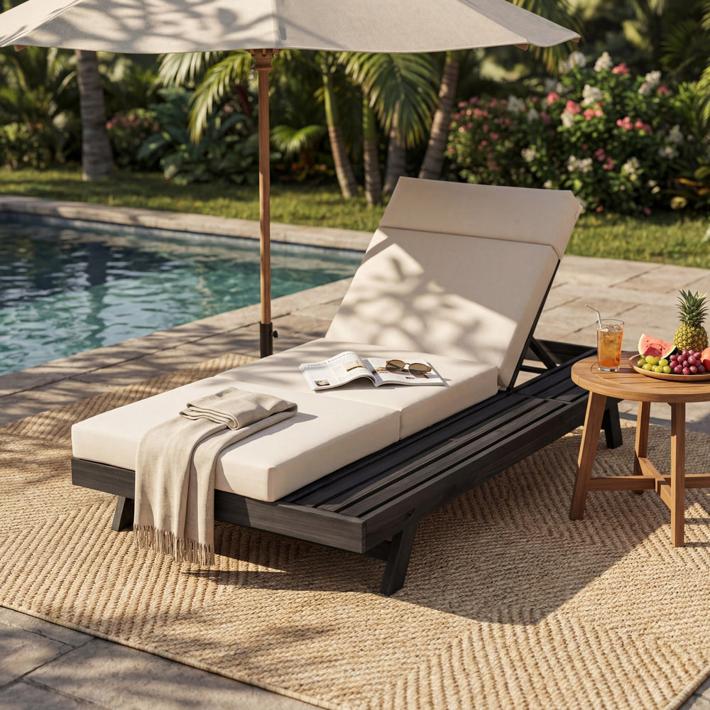 English Elm Lounge Chaise Outdoor Acacia Wood Slatted Frame with Water Resistant Cushion Resort Style Beige,Black N770P442B67B