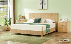 English Elm Queen Bed Frame with Led Lighting Curved Groove Panels and Floating Base Modern Bedroom W1820S00067