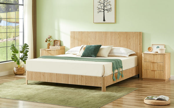 English Elm Queen Bed Frame with Led Lighting Curved Groove Panels and Floating Base Modern Bedroom W1820S00067
