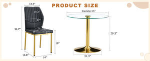 English Elm Table 35" Transparent Round Glass Dining Set With Gold Metal Base & 4 Black Pu High-Resilience Chairs W1151S03702-GIGA