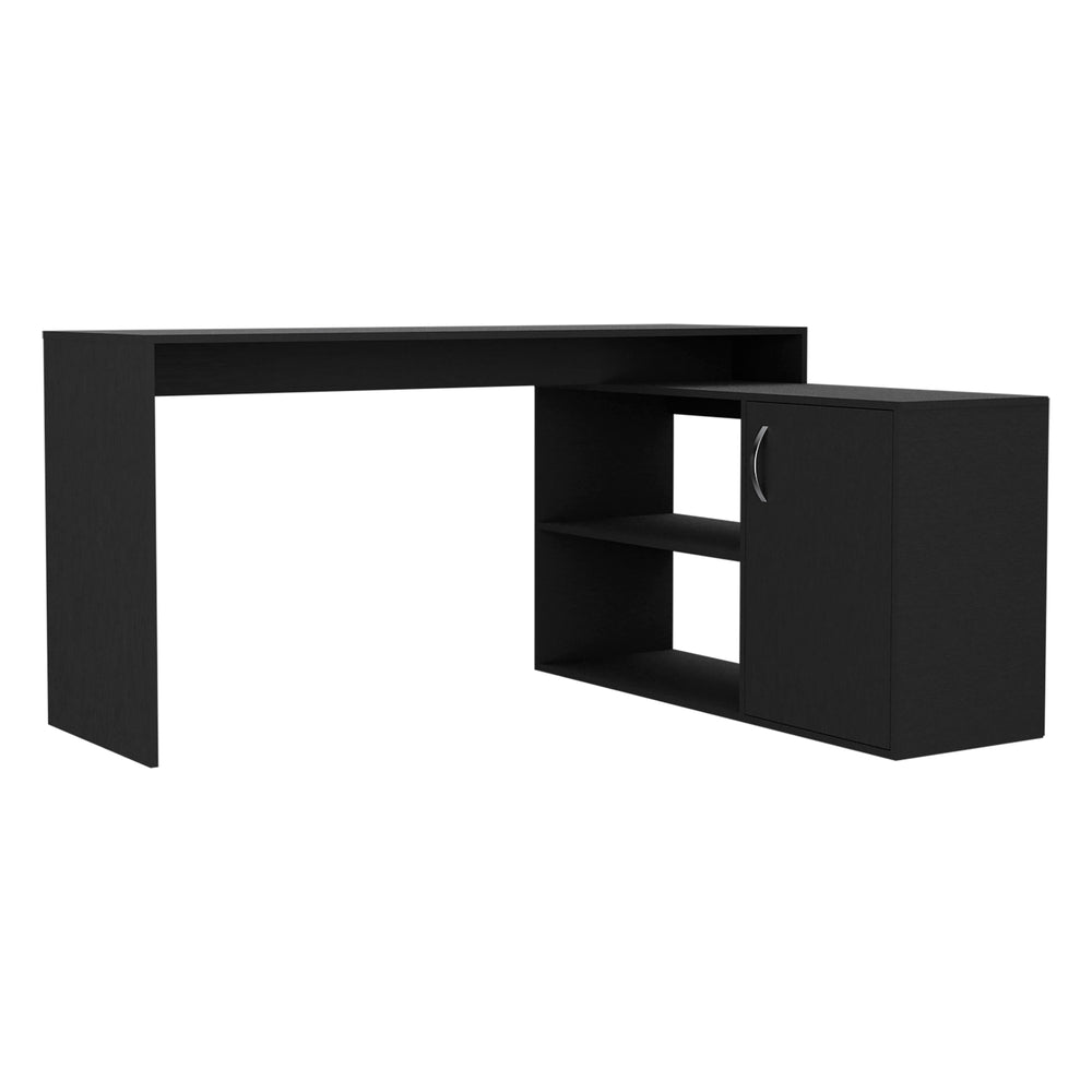 English Elm Dallas L-Shaped Home Office Desk with Cabinet, Two Shelves, Thick Top, Heavy Load Capacity, Black B128S00028