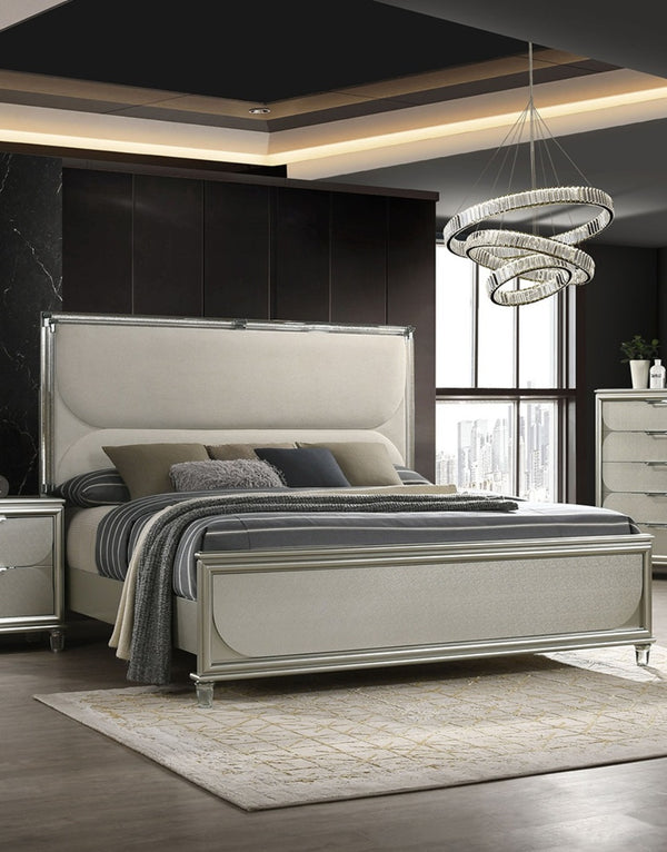 English Elm Glamorous Luxury Fabric Upholstered Queen Bed with LED Headboard, Embossed Panels & 2 Nightstands Set Silver 33 L x 21 W x 28 H B2741S00359