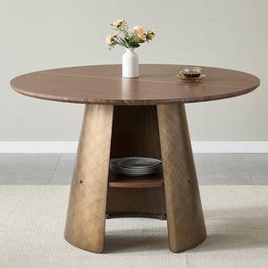English Elm 47.25 Inch Round Dining Table Walnut Mdf Top Bronze Metal Frame Seats Six W3357S00001