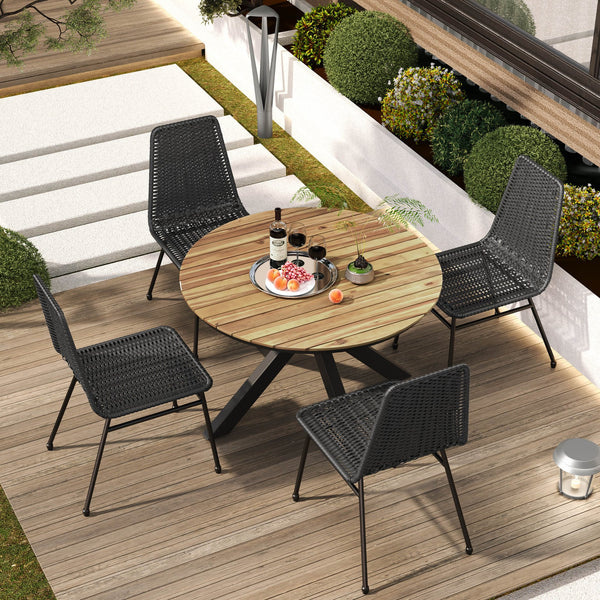 English Elm Christopher Knight Home® - Outdoor 5-Piece Patio Dining Set with PE Rattan Chairs & Acacia Wood Table on Iron Legs, Durable Comfort Black N779P201261D-2_N779P251402T