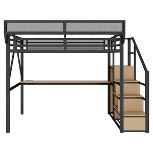 English Elm Queen Metal Loft Bed with Desk Stairs Rgb Lighting and Built-in Charging Station W2580S00053
