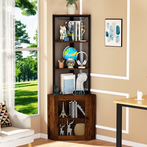 English Elm Corner 65" Corner Cabinet with Doors, 6-Tier Freestanding Storage Shelf w/Wine Rack, USB & AC Power T3177P268172
