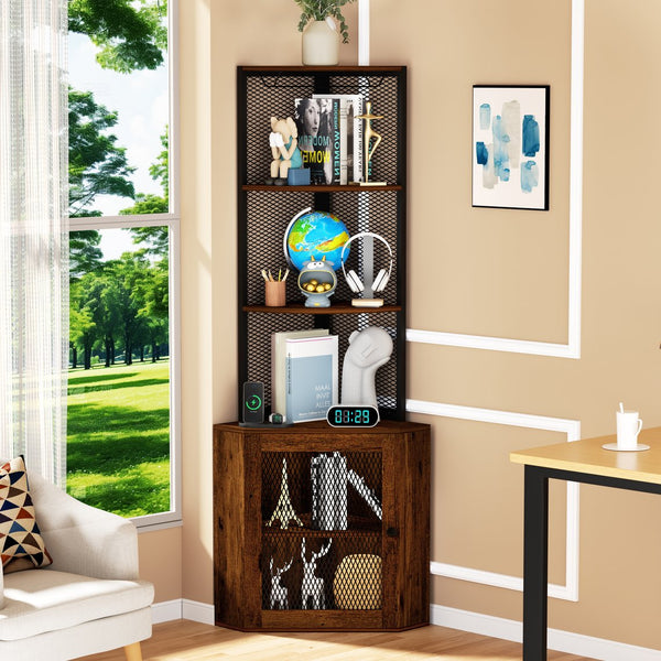 English Elm Corner 65" Corner Cabinet with Doors, 6-Tier Freestanding Storage Shelf w/Wine Rack, USB & AC Power T3177P268172