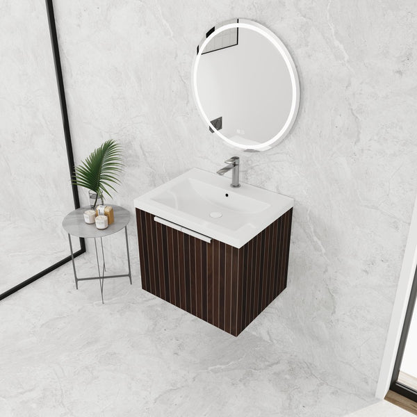 English Elm 24 Inch Silver-Brown Stripe Wall-Mounted Vanity with Resin Sink, Soft-Close Doors & Ample Storage W999P204936
