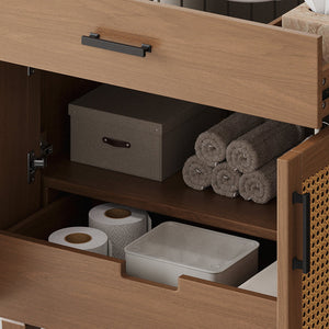 English Elm Christopher Knight Home® - 36" Rattan Bathroom Vanity with Ceramic Sink and Soft-Close Drawers, Handwoven Door Texture, Solid Wood Legs, Spacious Storage Elegance Brown N817P271077B
