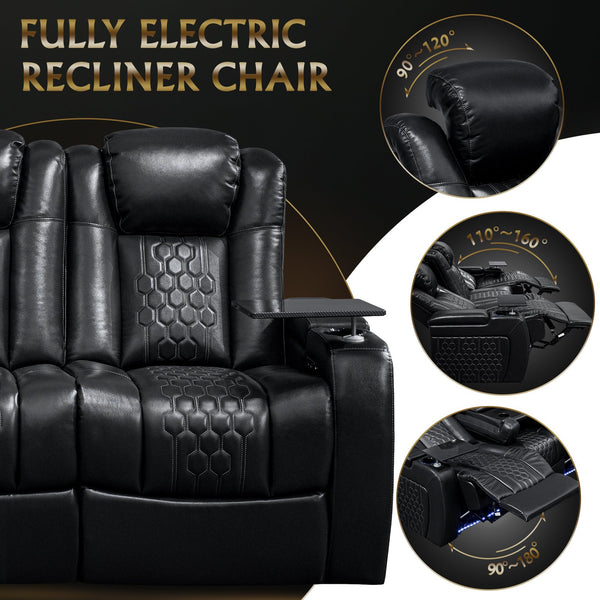 English Elm 86.6"power Recliner Set Genuine Nappa Leather Home Theater Rgb Lighting Usb Charging Black W3819S00091