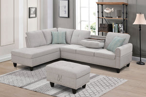 English Elm Black Faux Leather Sectional Sofa with Cup Holders Storage Ottoman and Nailhead Trim Light Gray B2730S00023