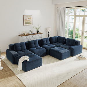 English Elm Modular Corduroy Sectional Sofa V Shaped 5 Seat Living Room Couch with Ottoman Blue W714S01580