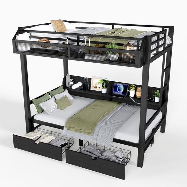 English Elm Twin Over Metal Bunk Bed with Led Lights Usb Ports Drawers and Sofa Conversion W5305S00002