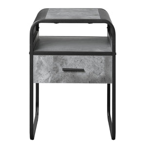 English Elm Concrete Grey and Black End Table with Drawer and Open Shelf, Industrial Metal Frame, Curved Edges B062P185653