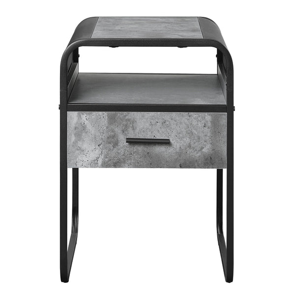 English Elm Concrete Grey and Black End Table with Drawer and Open Shelf, Industrial Metal Frame, Curved Edges B062P185653