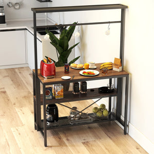 English Elm kitchen Island Table 3-Tier Bakers Rack with Microwave Shelf, Wood Grain Top, Metal Frame, Hooks & Stools Storage W331S00183