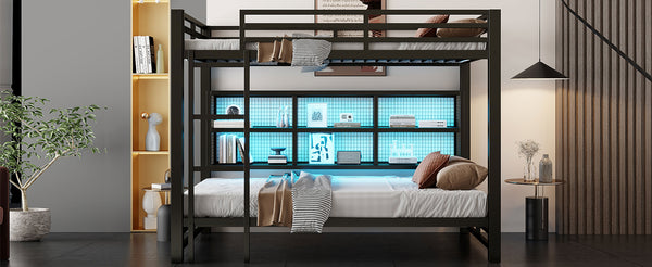English Elm Metal Queen over Queen Bunk Bed with Storage Cabinets, LED Lighting, Sturdy Black Metal Frame, Space-Saving Design N7090000672B