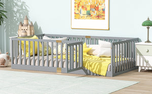 English Elm Twin Floor Bed Solid Rubber Wood with Tall Safety Railings for Toddler Sleep Grey W504P287651