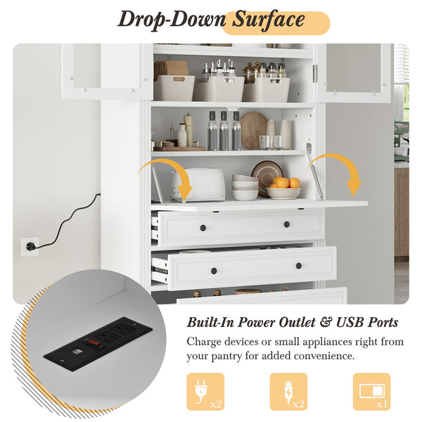 English Elm Topmax Shaker Pantry Cabinet with Drawers Power Outlet and Glass Doors SP000094AAK