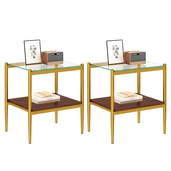 English Elm Set Of 2 Modern Rectangle End Tables With Tempered Glass Top, Mdf Shelf & Sturdy Iron Legs W241P184248-GIGA